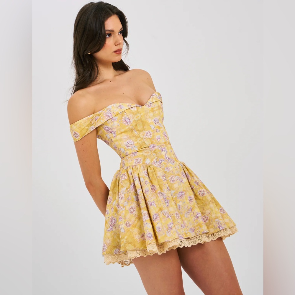 Oana Floral Print Linen Collared Off Shoulder Mini Dress